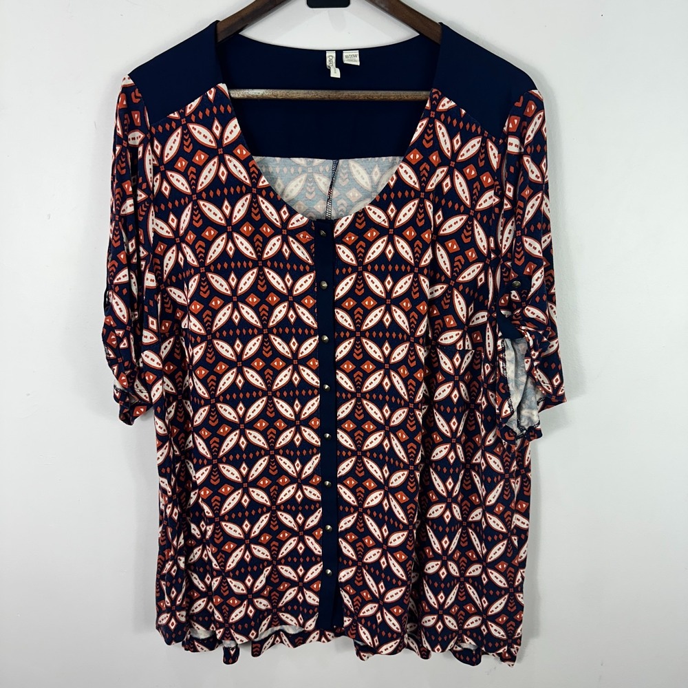 Cato Blouse Womens‎ 18/20W Navy Blue Orange Geometric Print V-Neck Boho Top